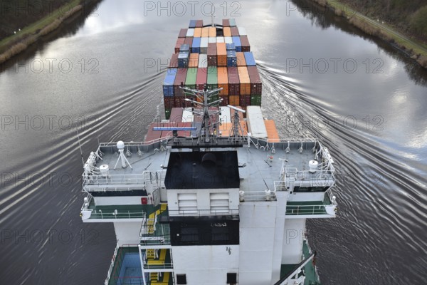 Aerial view of shipping container, container ship NORDIC PORTO photographed from above, Kiel Canal,