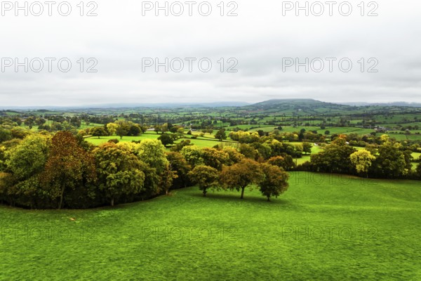 Autumn colours over Wales Farms and Fields from a drone, Grosmont, Abergavenny, Monmouthshire,
