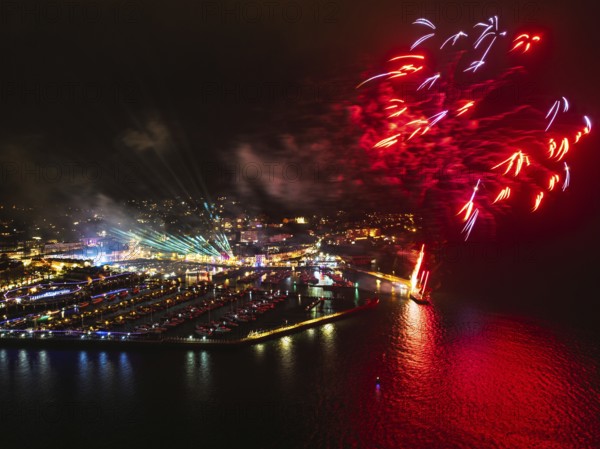 Bay of Lights Illumination Trail Fireworks over Torquay Horbour from a drone, Torbay, Devon,