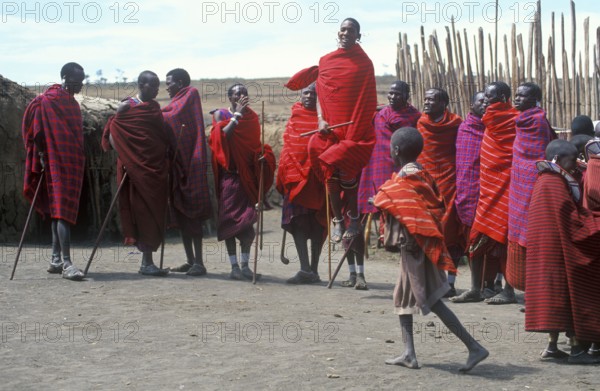 Maasai men showing traditional jumps, Ngorongoro Crater, Tanzania, Africa, June 2000, vintage,