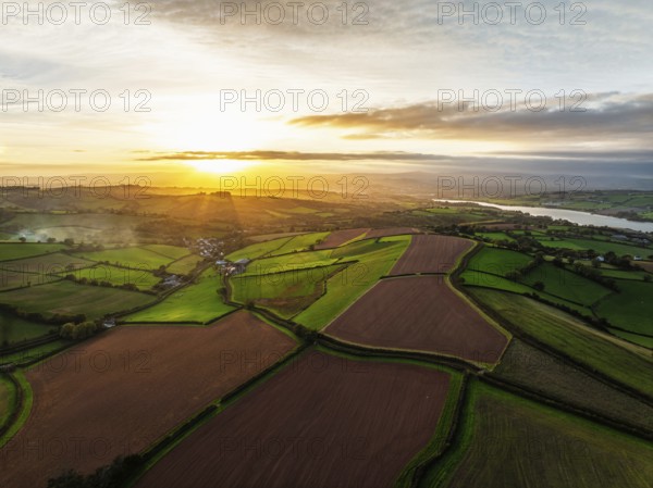Colours of autumn Fields and Farms over Sheldon from a drone, Torbay, Devon, England, United
