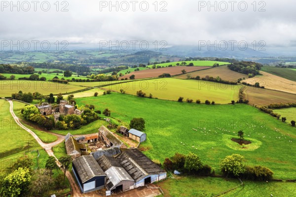 Autumn Colours over ruins of Pembridge Castle or Newland Castle from a drone, Herefordshire,
