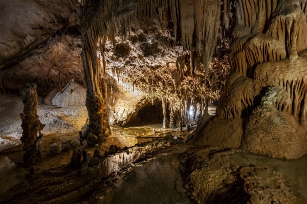Stalactites and stalagmites, rock formations in a stalactite cave, Grotta del Fico, Gulf of Orosei,