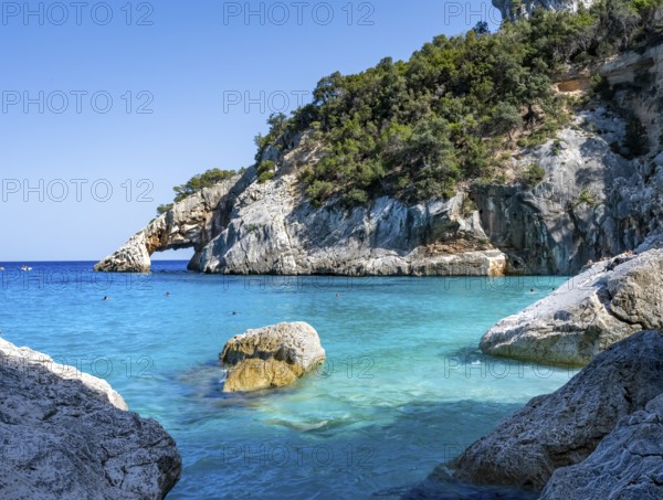 Light blue clear sea on a dream beach on Cala Goloritzé, picturesque rocky coast, cliffs with rock