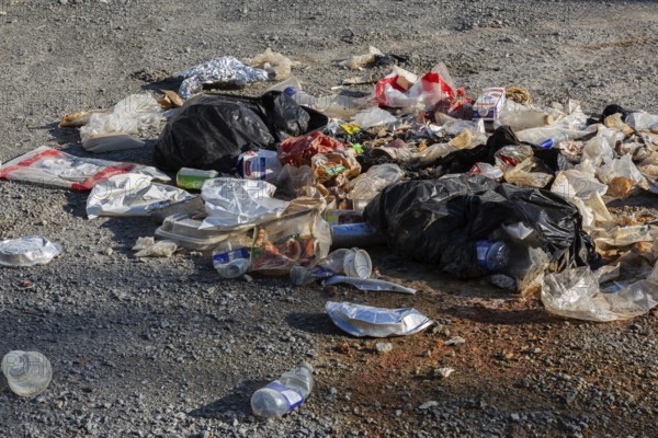 Recyclable plastic, paper and cardboard items discarded on the ground in public park, Quebec,