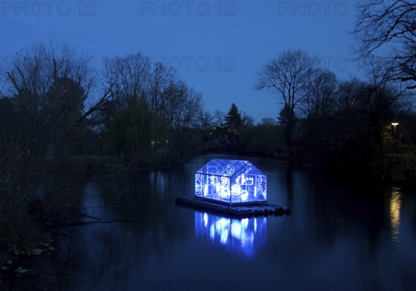 The river Lippe with the artwork Arche by Christoph Hildebrand at night, Lichtpromenade Lippstadt,