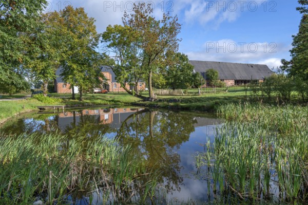 Historic horse stable and barn with pond, 1923, at the Othenstorf estate, Othenstorf,