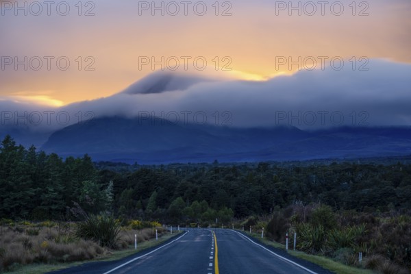 Mount Ngauruhoe in the morning at sunrise with glowing clouds, road SH 47. Tongariro National Park,