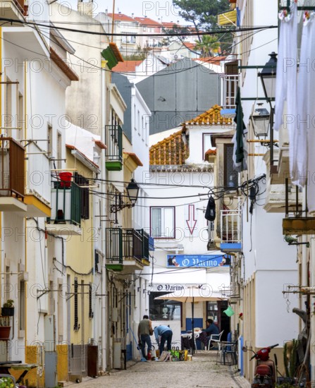 Typical Mediterranean architecture with small narrow streets and streets, Nazare, Portugal