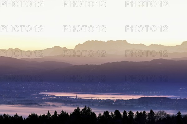 View from Horben of Lake Zug with the town of Cham and Zug, behind it the snow-capped mountains