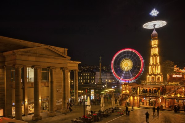 Night view, Christmas market with Christmas pyramid, Ferris wheel, New Palace, Schlossplatz,