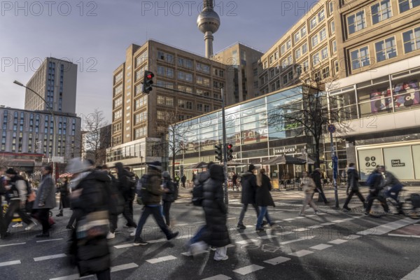 Passers-by on a Grunerstraße pedestrian crossing near Alexander Platz, Berlin Radio Tower, Berlin,