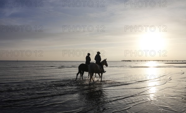 Two female riders ride their horses through the shallow water of the Baltic Sea at sunrise,