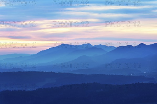 View of the Jura foothills from the Gisliflue, in the light of dusk, Talheim, Canton, Aargau,