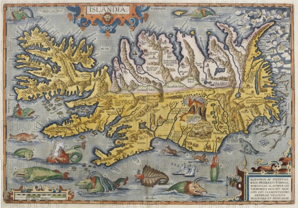 One of the most famous Iceland maps from the Renaissance, Islandia, hand-colored copper engraving