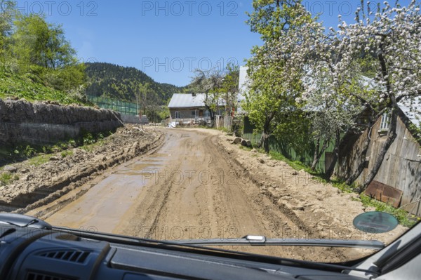 A rural road seen from a car surrounded by blooming trees and a country house, campers on a