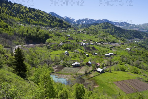Green hilly landscape with scattered farms and small villages under blue skies, village in the
