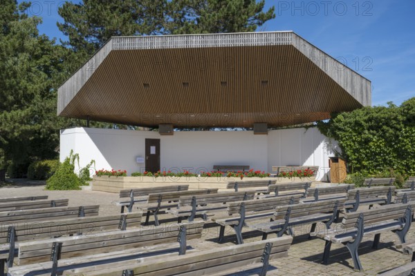 Stage for events, benches in front of it, spa garden, town of Schliersee, Upper Bavaria, Bavaria,