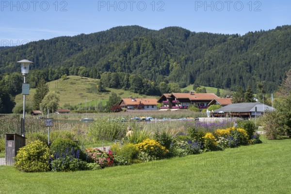 View from the spa park to the lake and district of Freudenberg, Schliersee, Upper Bavaria, Bavaria,