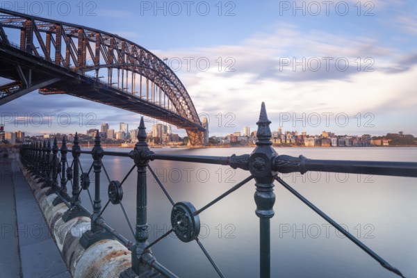 The Sydney Harbour Bridge and CBD skyscrapers in the evening light. View of Sydney's Central