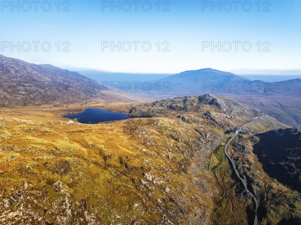 Autumn colours over Llyn Cwmffynnon and Miner's Track, Start Point, road A4086 from a drone,
