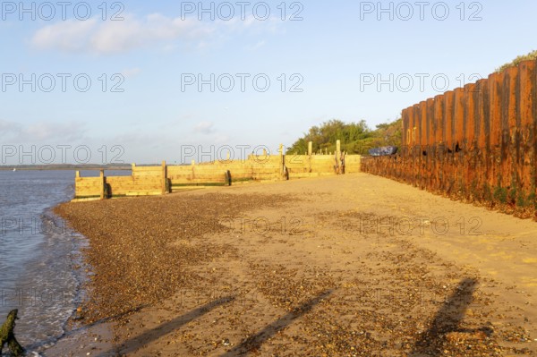 Temporary coastal defences erected by Bawdsey Haven Yacht Club, response to rapid erosion beach
