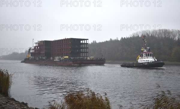 Tugboats transport parts of a ship in fog through the Kiel Canal, NOK, Kiel Canal, Kiel Canal,