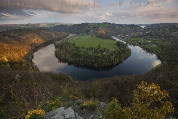 Sunset on spring evening at the loop of the Vltava (Vltava) View of Solenice Central Bohemia Czech