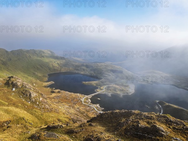 Pyg Track over Llyn Llydaw lake from a drone, Pen-y-Pass, mountain pass, Snowdonia, Gwynedd,