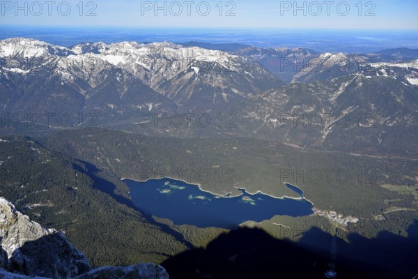 View of Lake Eibsee lake from the mountain station of the Zugspitz cable car (2962 m), Grainau