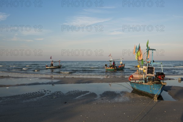 Colorful fishing boats on beach, sunset, Hua Hin, Prachuap Khiri Khan, Central Thailand, Thailand
