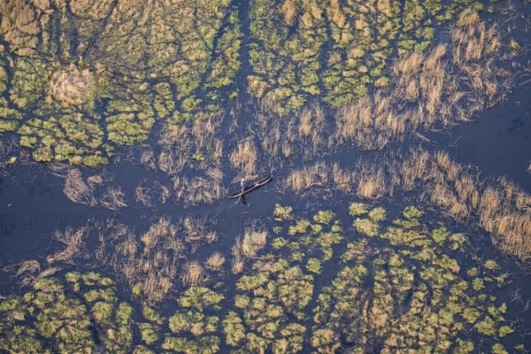 Marshland, marshland, Kavango fishermen with dugout boat, Mokoro, aerial view, Okavango Delta,
