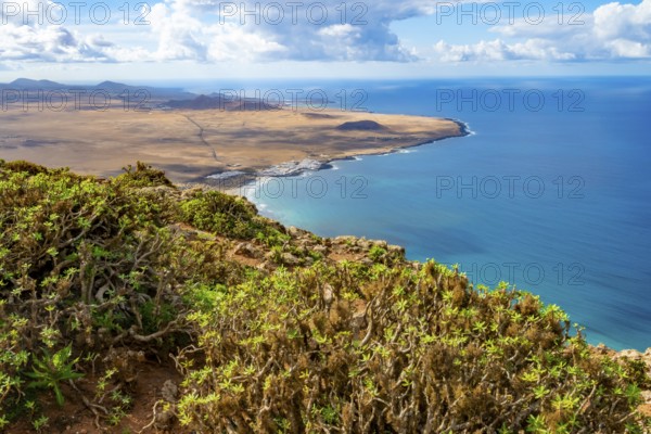 View from the Castillejo viewpoint from the Risco de Famara cliffs to the coast and the sea with