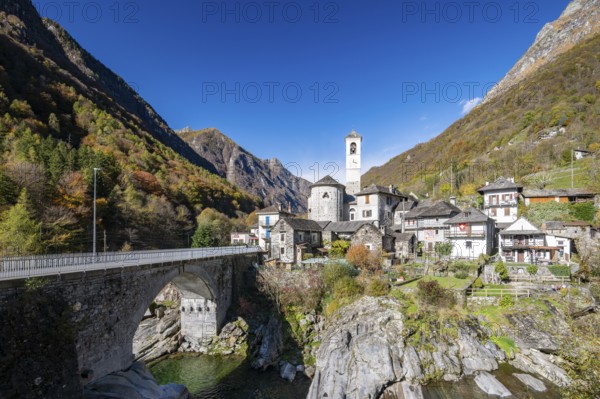 View of town with church, Lavertezzo, Valle Verzasca, Tessin, Switzerland