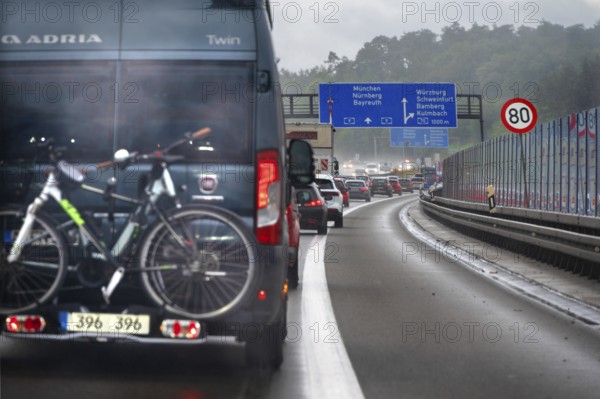 Traffic jam on the A9 motorway, a noise barrier on the right, Hof, Upper Franconia, Bavaria,