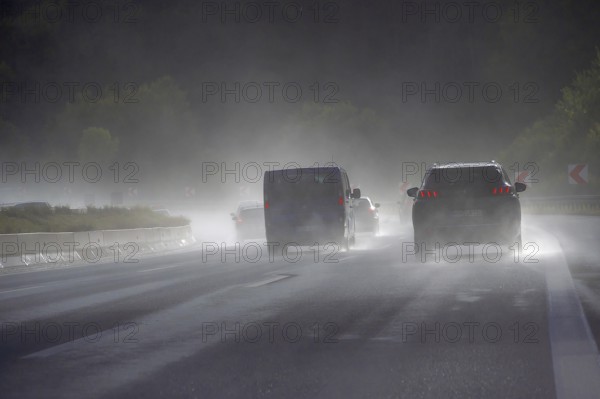 Tourist traffic on the A9 motorway when it rains, Bavarian Forest, Bavaria, Germany