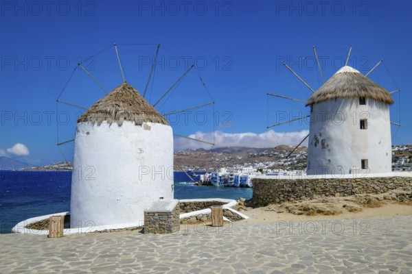 Mykonos, Cyclades, Greece - The six sixteenth-century windmills, lined up on a hill above Mykonos