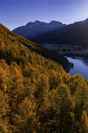 Mountain landscape, mountain lake, larch forest, autumn, autumn color, morning light, sunny, aerial