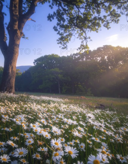 A sunlit meadow with daisies against a forest backdrop under a blue sky, Late summer country