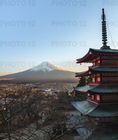 Five-story pagoda of a Shinto Shrine, Chureito Pagoda, with views of Fujiyoshida City and Mount