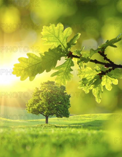 A serene landscape featuring a large tree by a stream at sunset with vibrant green grass and