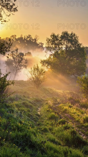 A misty field at sunrise with soft light illuminating trees and greenery, creating a serene