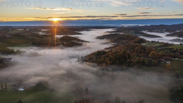 Aerial view, sunrise, typical landscape in autumn with vineyards, South Styrian hills, South