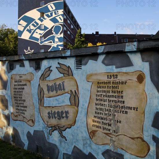 Painted wall on the Glückauf battle track with motifs of FC Schlake 04, Schalke, district of