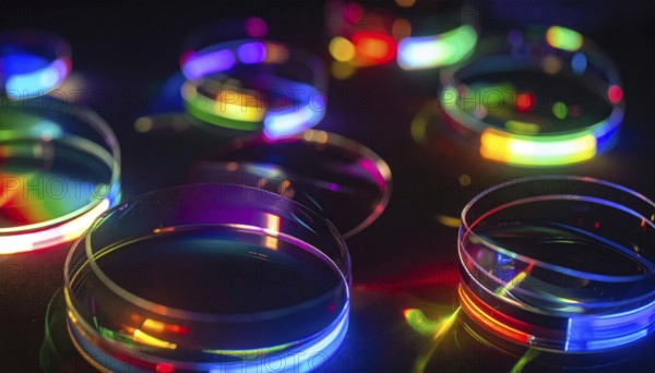 Abstract background of slightly unfocused multicolored glass lenses spinning and rotating,