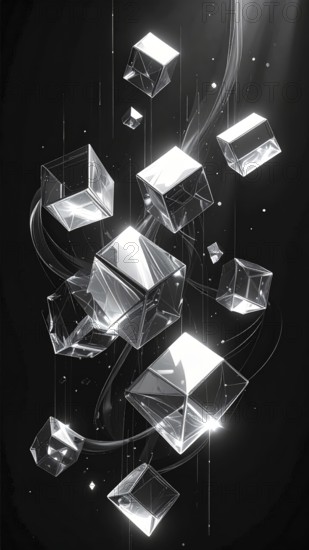 Abstract animation, glass cubes on black background, modern business wallpaper illustration, AI