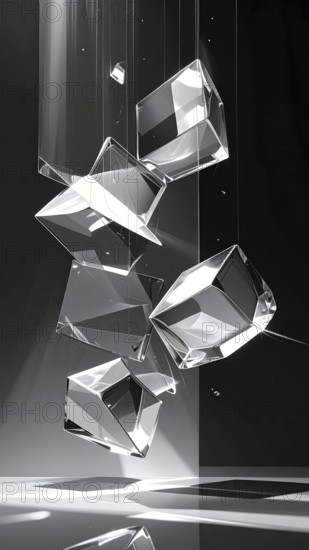 Abstract animation, glass cubes on black background, modern business wallpaper illustration, AI