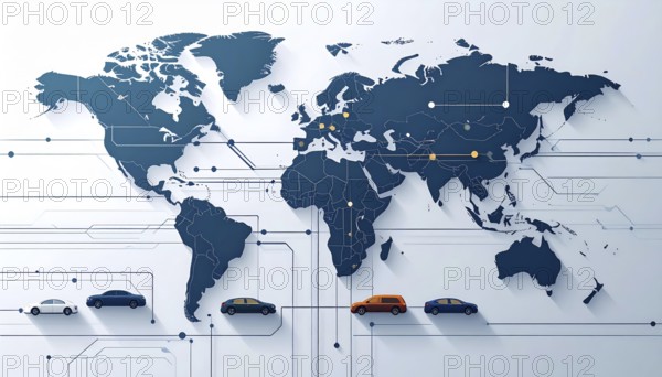Abstract visualization of global rare earth supply network feeding EV industry, world map design,