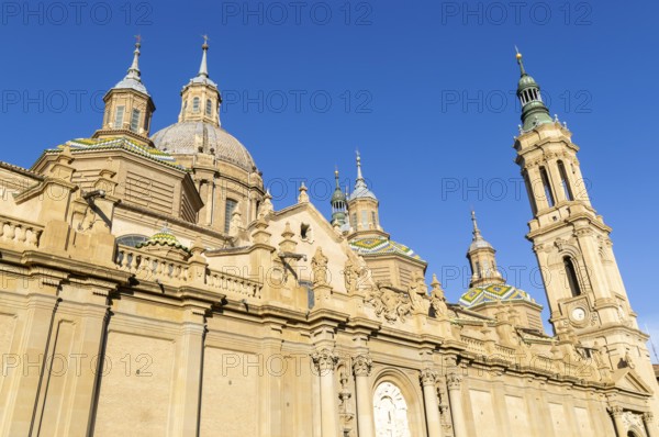 Towers and domes on roof of Basilica of Our Lady of the Pillar cathedral church, Zaragoza, Aragon,