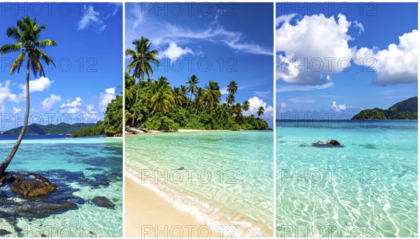Collage of tropical islands with beach and palm trees, paradise with blue cloudy sky, turquoise